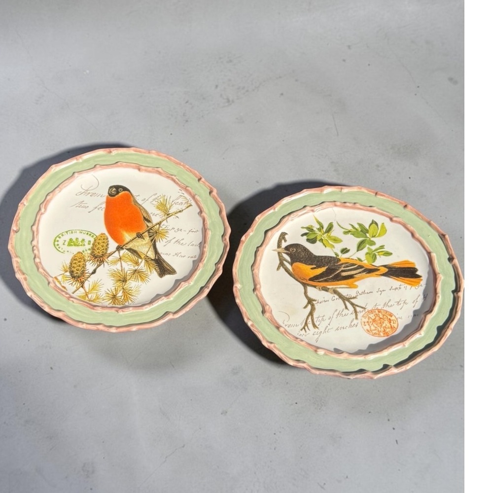 Mud Pie Nesting Nature Bird Salad Plates Set of 2 Ceramic Green Botanical 8.25"